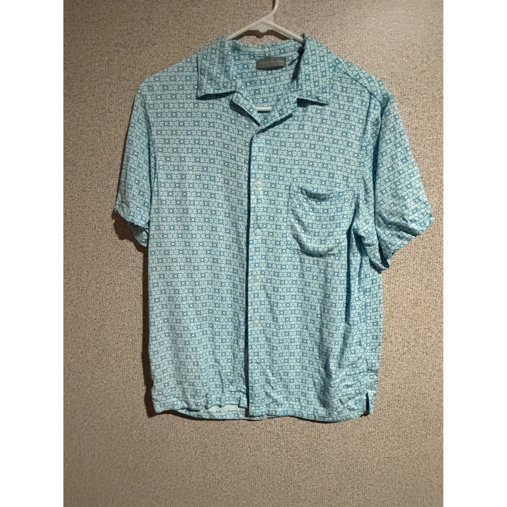 Geoffrey Beene‎ Mens Blue Geometric Starburst Viscose Short Sleeve Button Down S